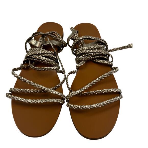 J. Crew Metallic Gold Braided Leather Ankle Wrap Boho Classic Sandals Women's 8 - Picture 2 of 10
